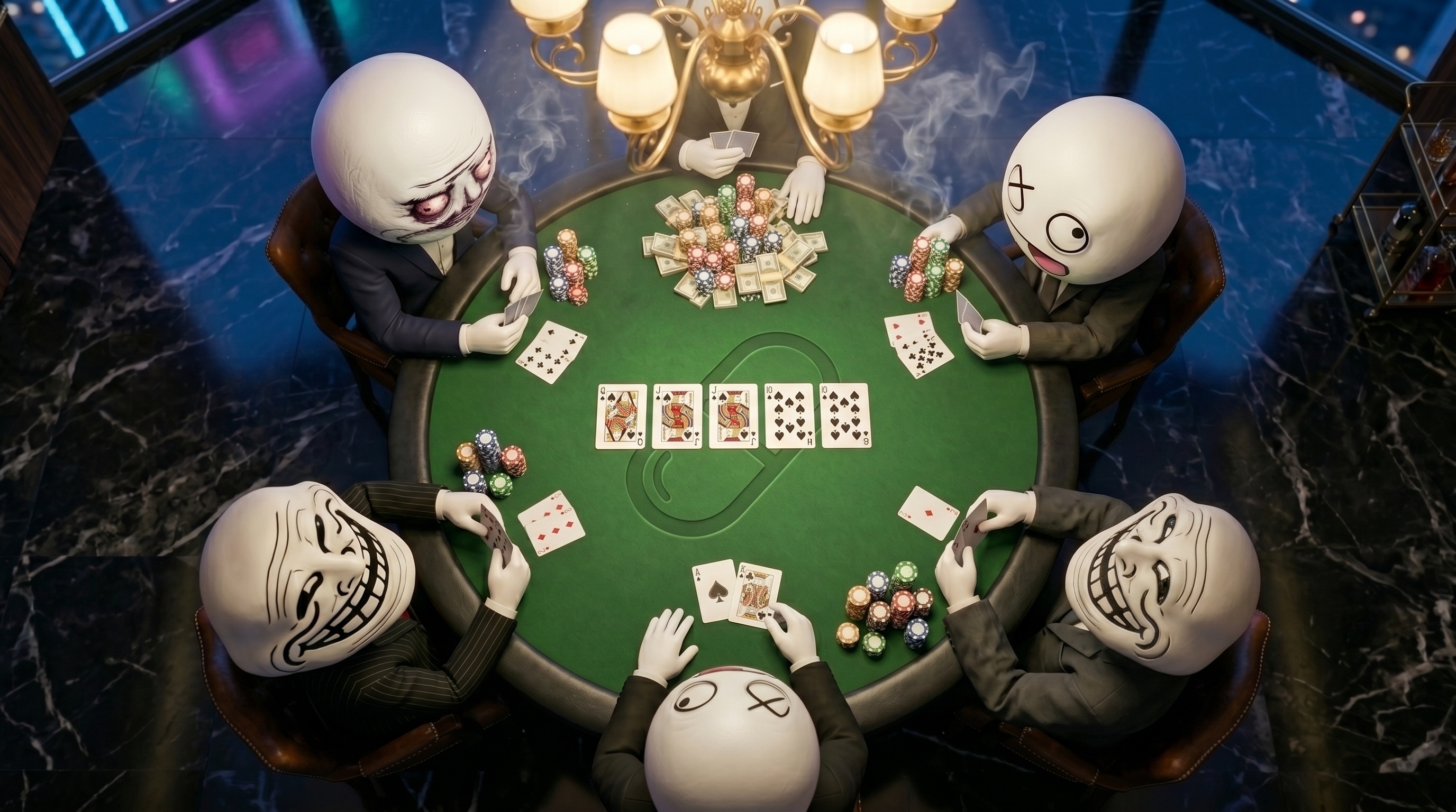 The five rage comic legends seated at the penthouse poker table